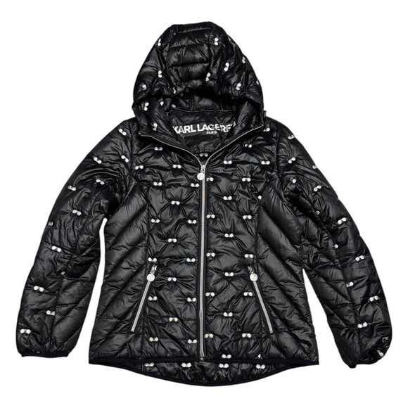 KARL LAGERFELD Winter Puffer Parka Sunglasses Black Jacket Coat Womens Medium - Picture 5 of 7